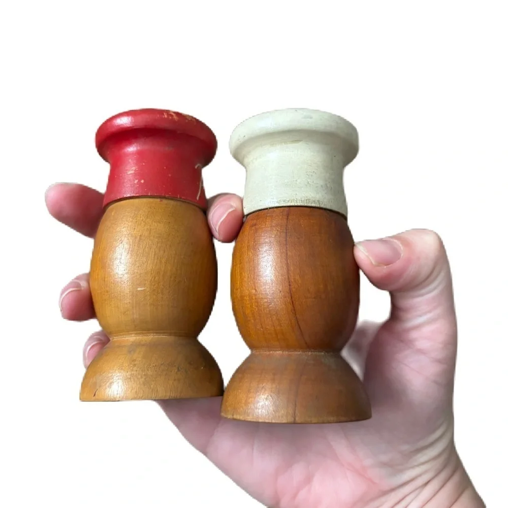 Vintage Salt and Pepper Shakers Set Wooden Japan Salty Peppy Farmhouse Americana